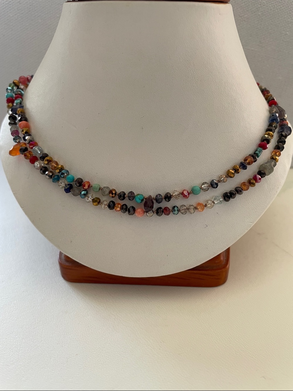Multicolored Semi-Precious Faceted, Knotted, Double Strand Necklace.